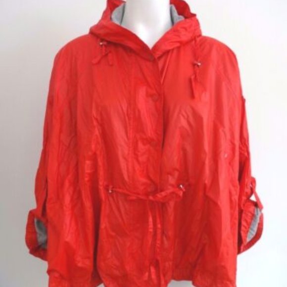ARMANI JEANS RED PONCHO STYLE FULL ZIP PRESS BUTTON HOODED JACKET XS/38 NWT - Picture 1 of 7